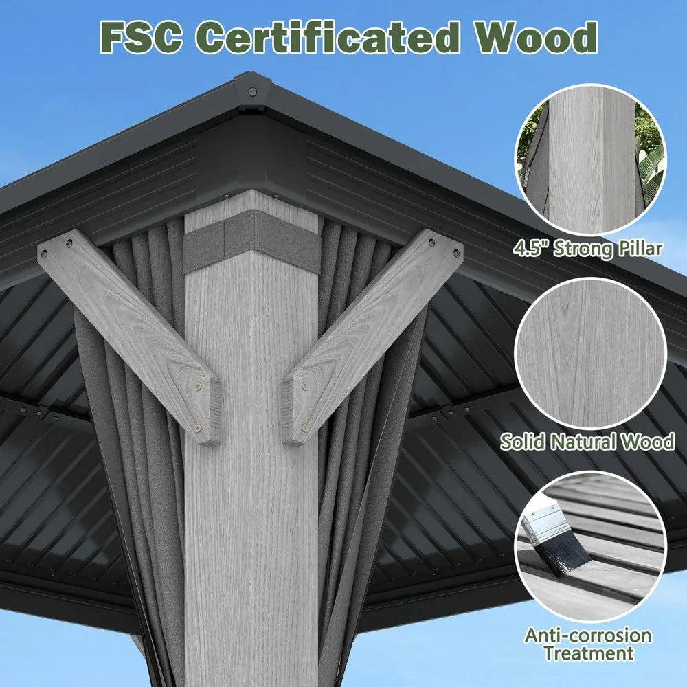 8.5ft Cedar Wood Hardtop Gazebo Double Roof Outdoor Pavilion