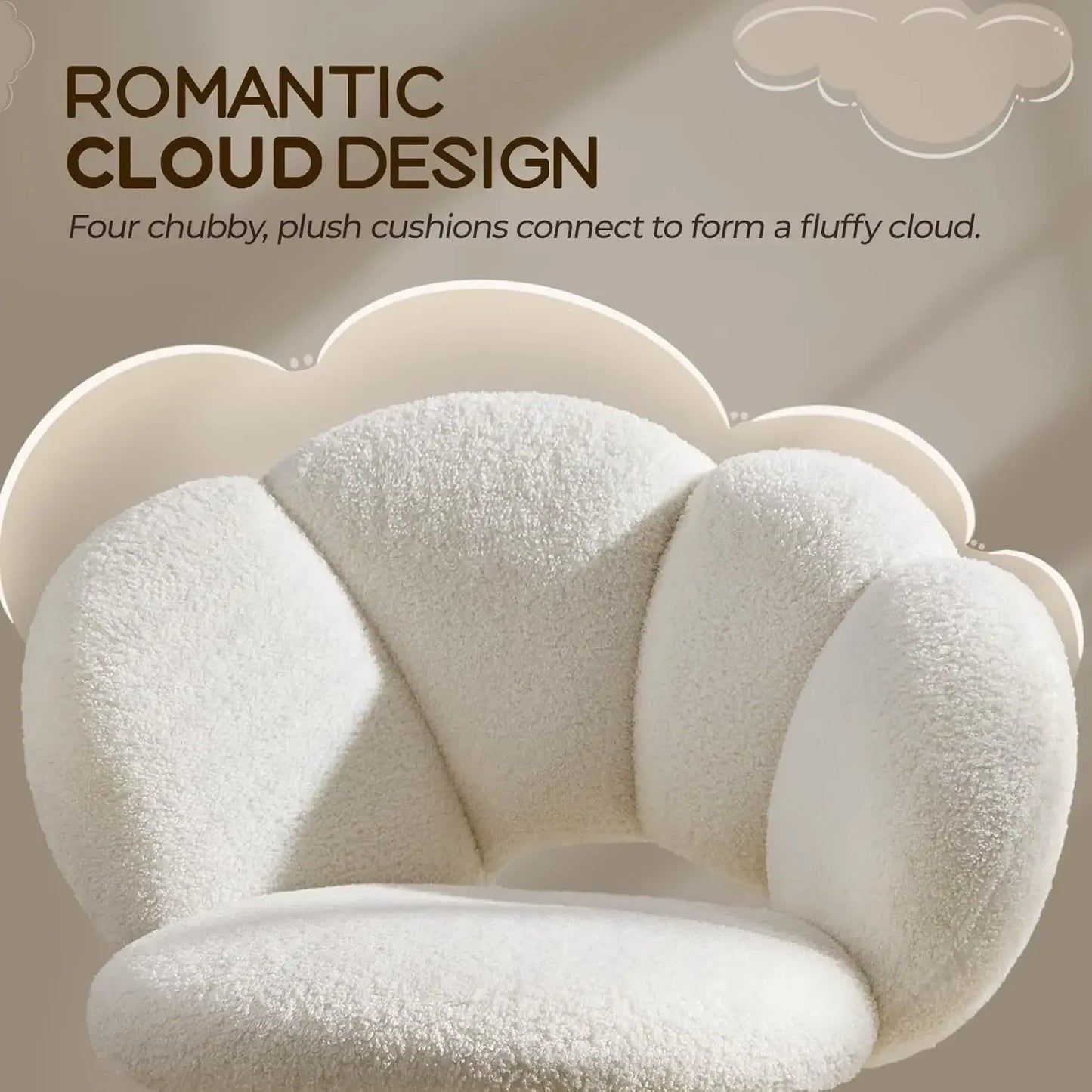 Boucle Upholstered Desk Chair Cloud-Shaped Adjustable Office Chair Rolling Wheels