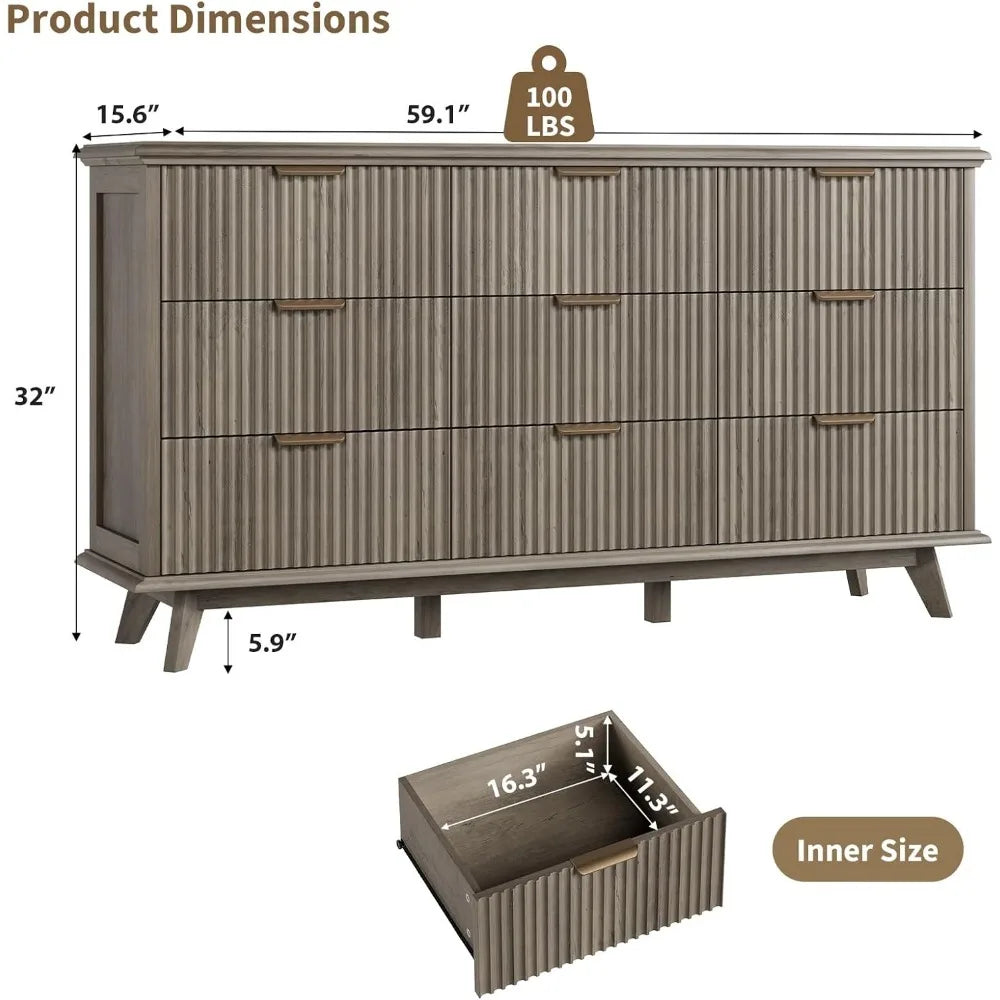 Fluted 9 Drawer Dresser Modern Chest of Drawers Storage Organizer