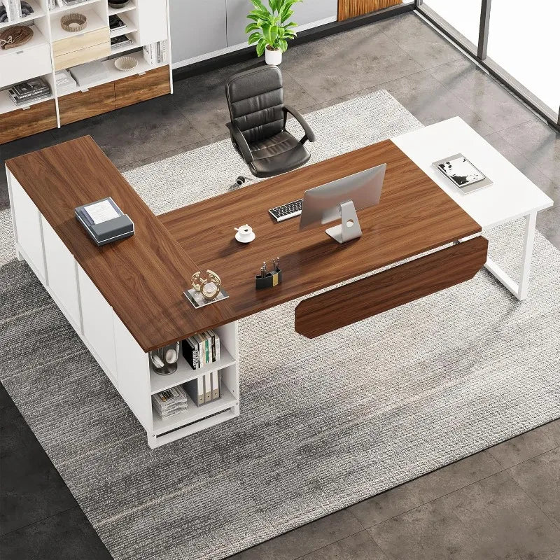 L-Shaped Executive Desk with File Cabinet Home Office Storage Solution
