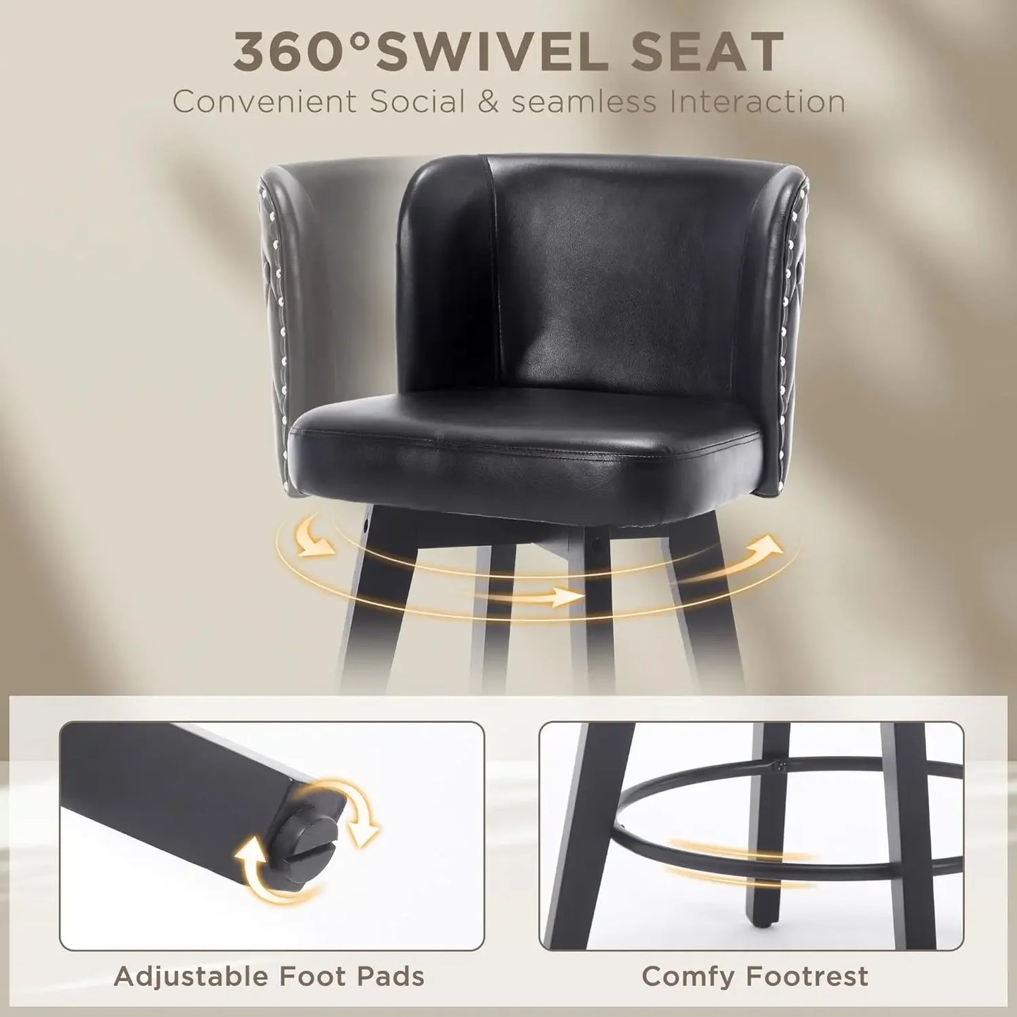 Swivel Bar Stool Set of 4 Faux Leather Low Back Kitchen Stools 27.5 Inch