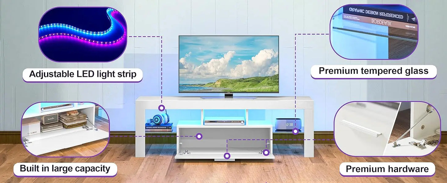 Modern White LED TV Stand with Large Storage Drawer for Living Room