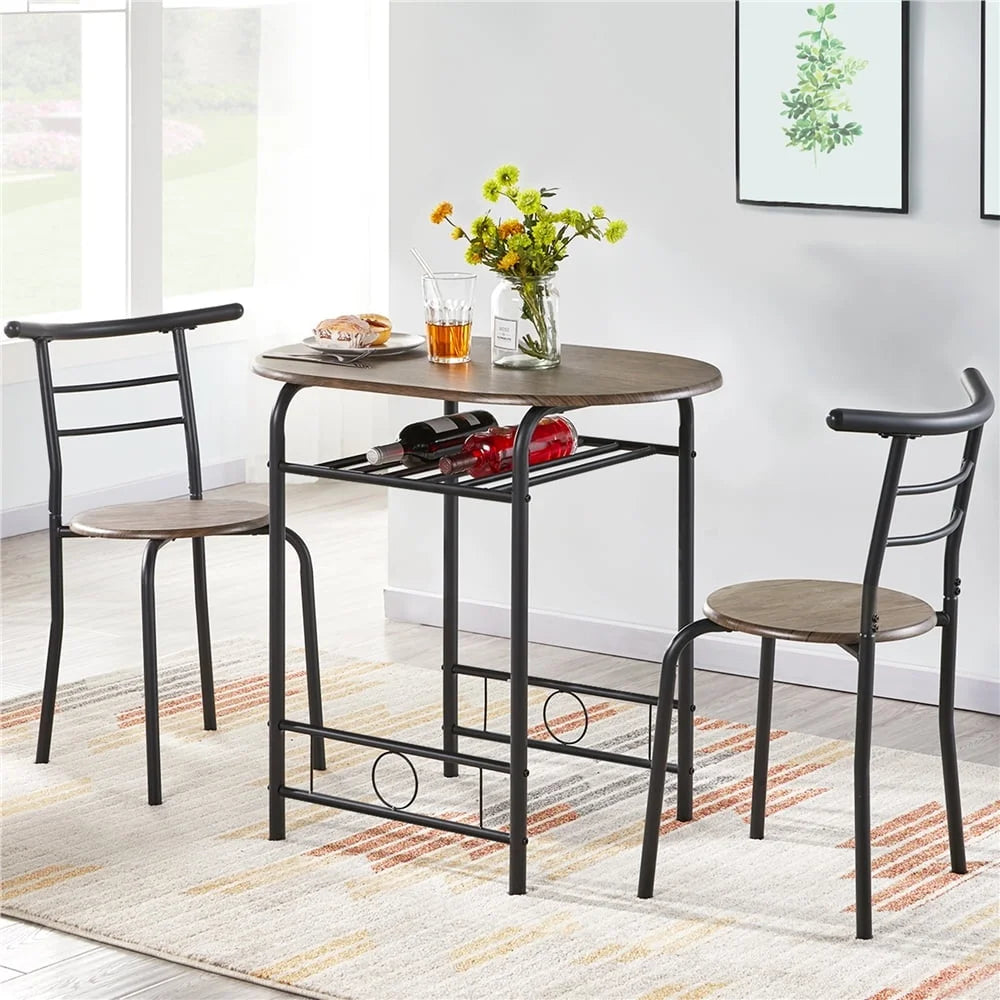 3 Piece Round Dining Table Set with Storage Rack for Kitchen Apartment Office