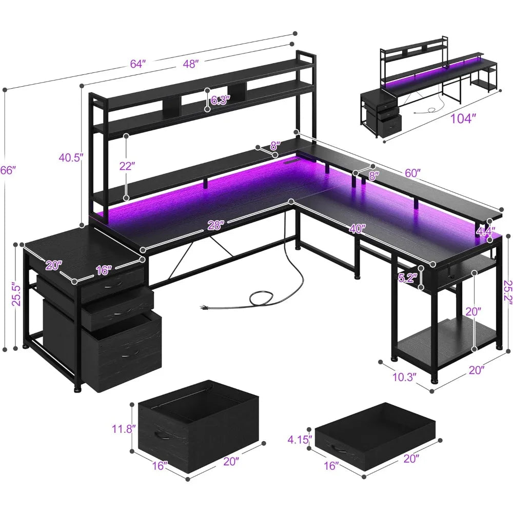 Large L Shaped Gaming Desk with Hutch Drawers Storage LED Light