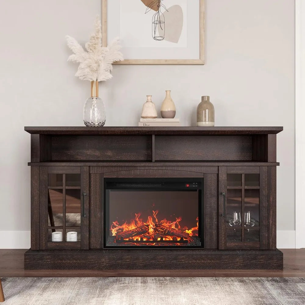 Rustic 58 Inch TV Stand with Electric Fireplace and Sound System
