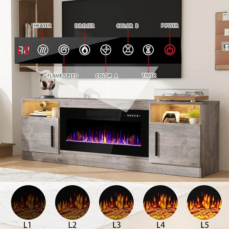 Ljustra 70 Inch Fireplace TV Stand for Up to 80 Inch TVs with LED Lights