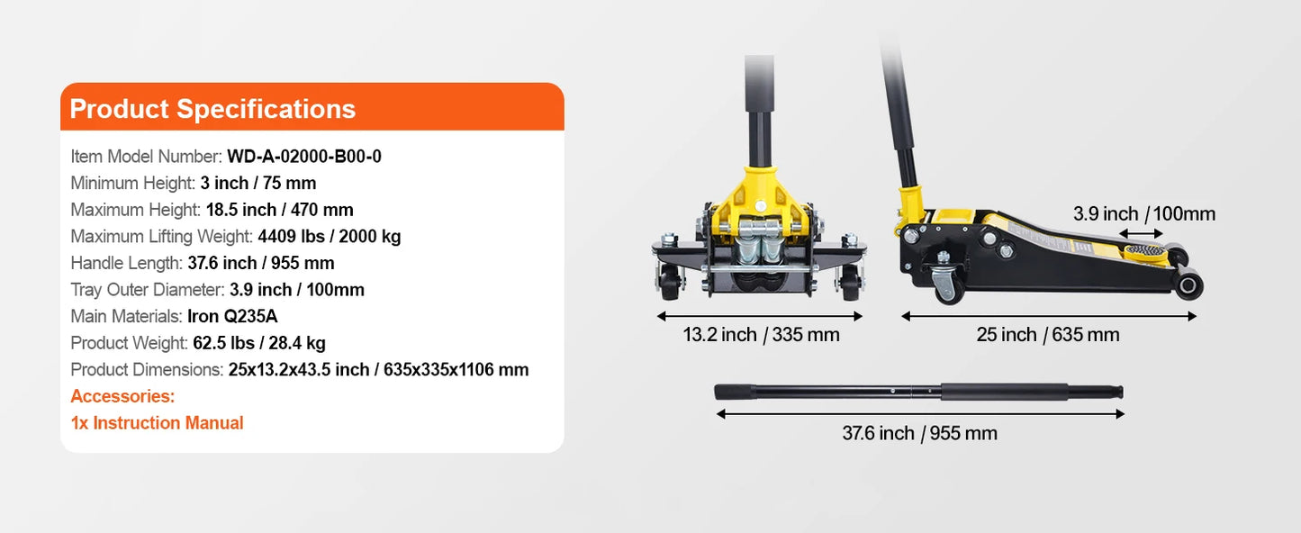 Ljustra 2 Ton Low Profile Floor Jack Hydraulic Car Jack Quick Lift Pump