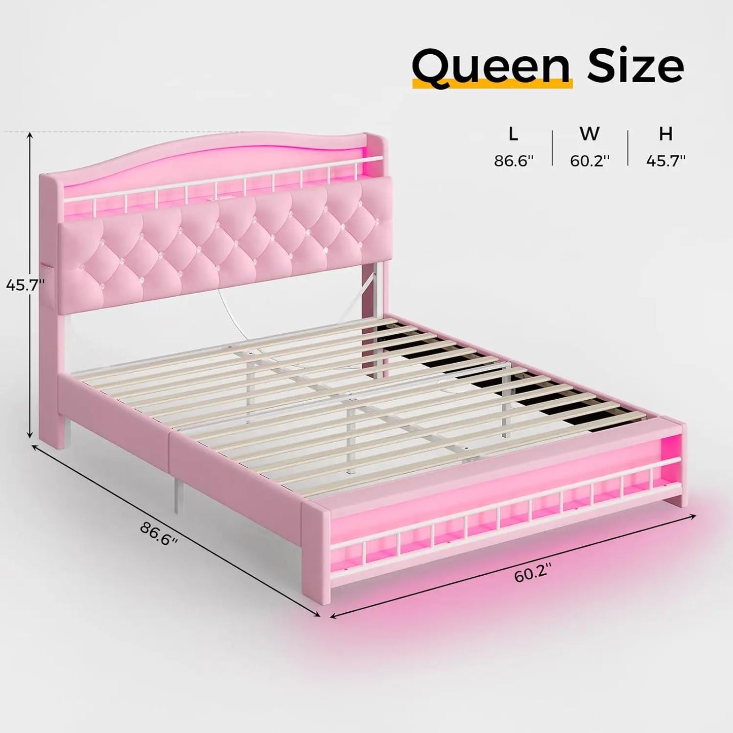 Queen Size Girls Bed with LED Lights and Charging Station Storage