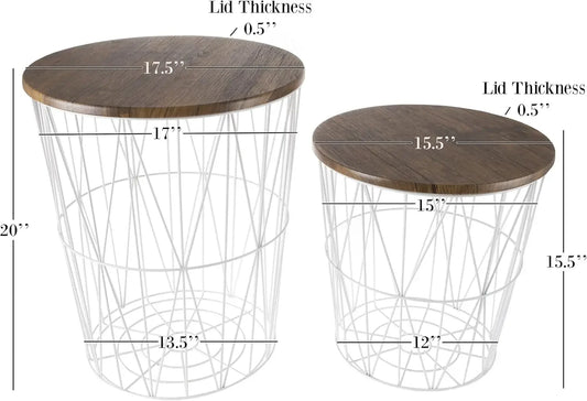 Set of 2 Nesting End Tables Round Side Tables with Removable Wood Tops
