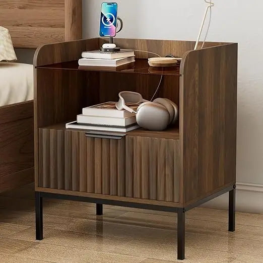 Mid Century Modern Nightstand with Charging Station and Glass Top