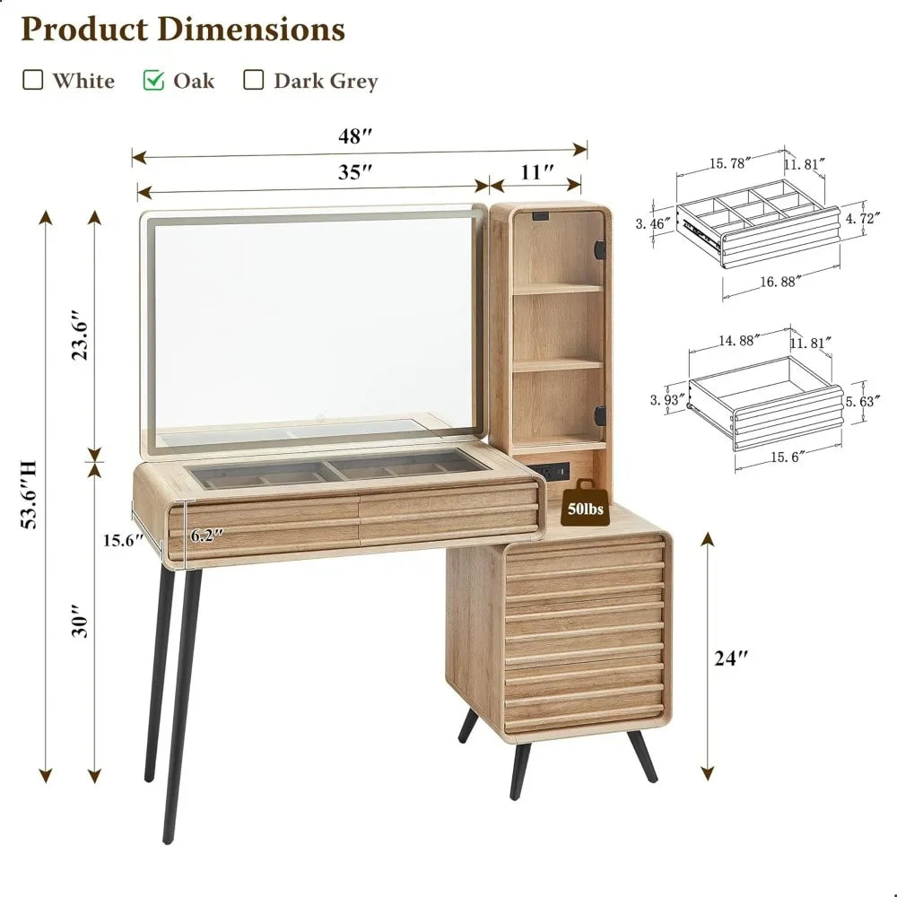 Fluted Makeup Vanity Desk with 35" Lighted Mirror and 5 Drawers