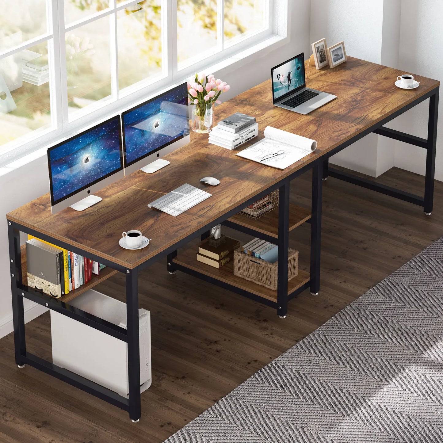 Ljustra Two Person Desk with Bookshelf Rustic Home Office Workstation