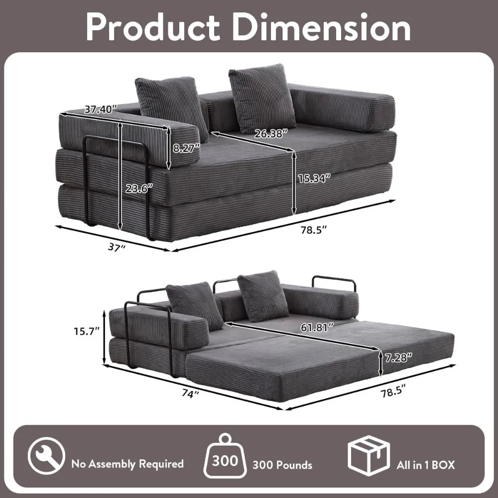 4-in-1 Foldable Corduroy Sofa Bed, Convertible Sleeper Couch, Dark Grey
