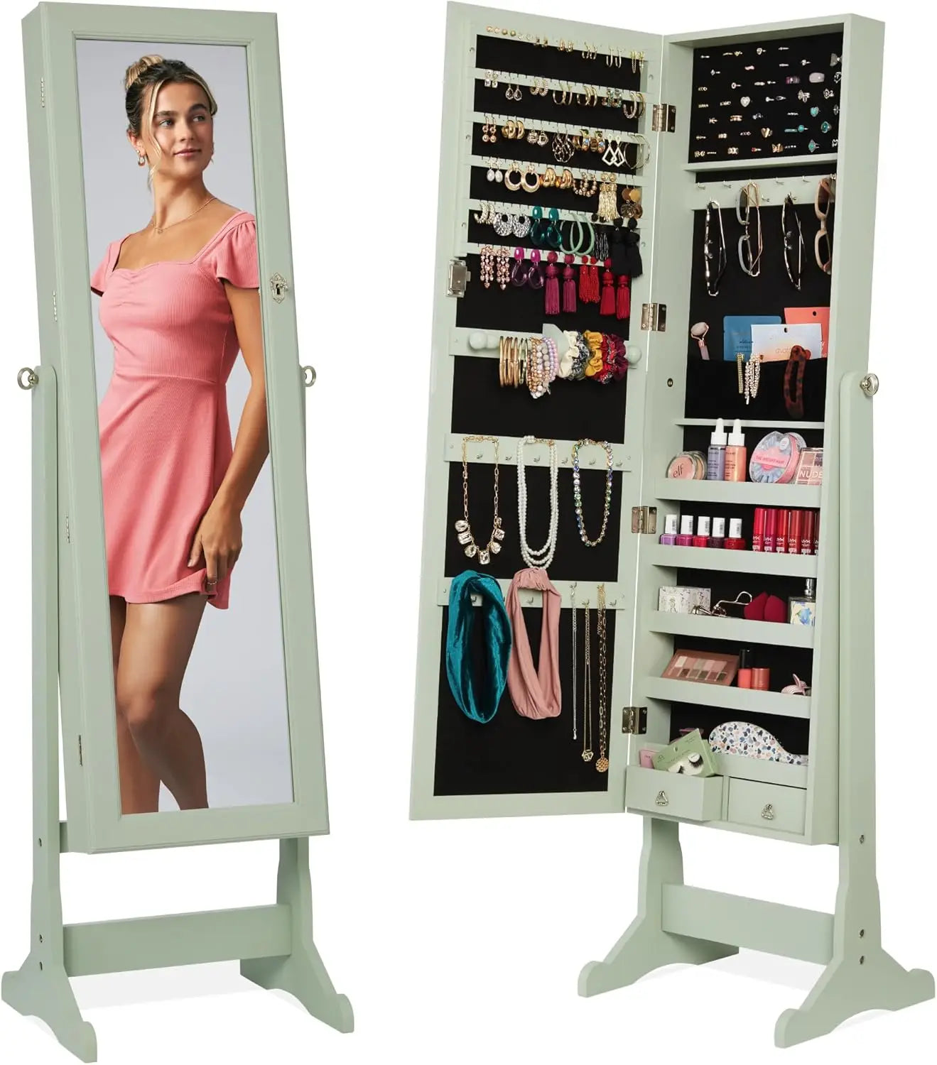 Freestanding Jewelry Armoire Cabinet Full Length Mirror Makeup Organizer