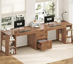 Farmhouse 96.5 Inch Computer Desk Double Desk with Storage Shelves
