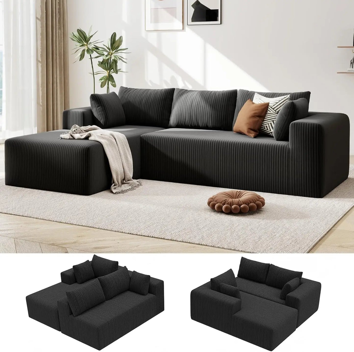 L-Shaped Cloud Sectional Sofa Modular Deep Seat No Assembly Corduroy