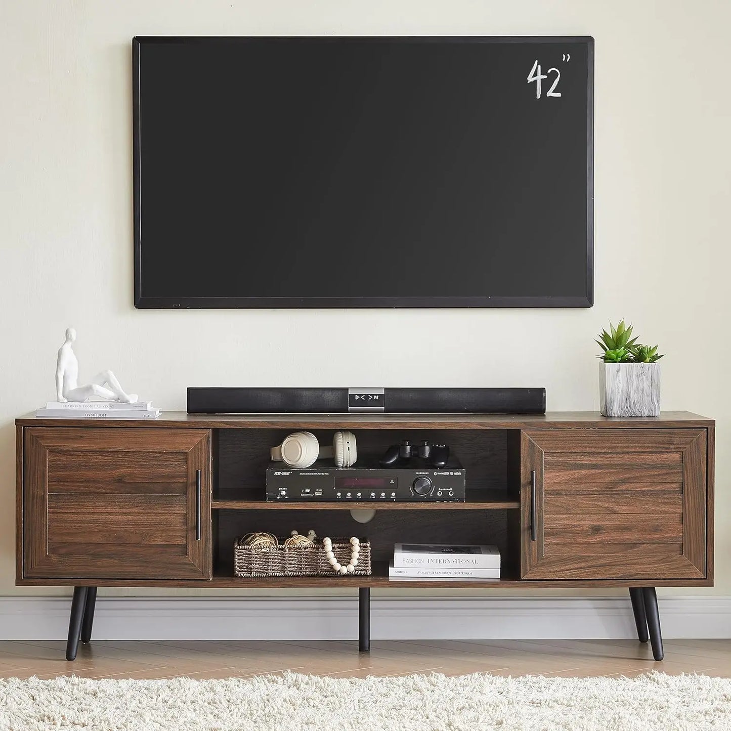 65 Inch Mid Century Modern TV Stand Wood Storage Cabinet for Living Room