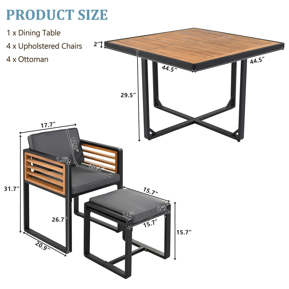 9-Piece Acacia Wood Patio Dining Set with Cushioned Chairs and Ottomans