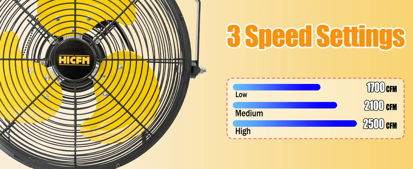 Ljustra 2500 CFM 12 Inch Industrial Wall Mount Fan High Velocity 3 Speed