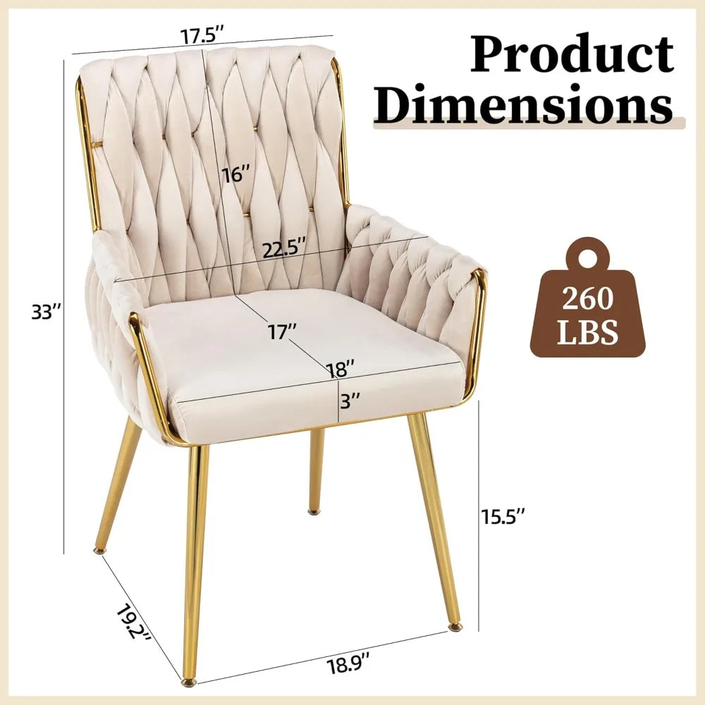 Office Desk Chair No Wheels Woven Velvet Vanity Chair Gold Metal Legs