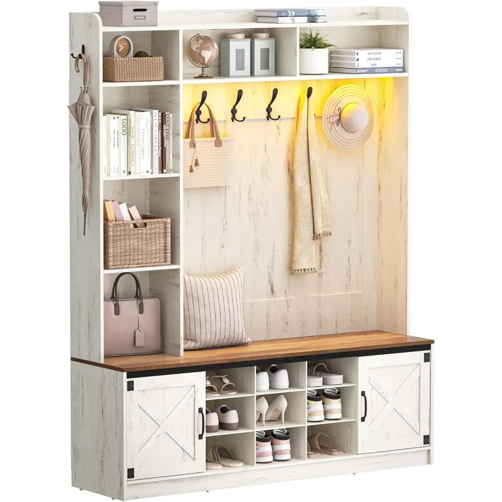 59.8" Hall Tree LED Farmhouse Entryway Storage Coat Rack Bench Hooks