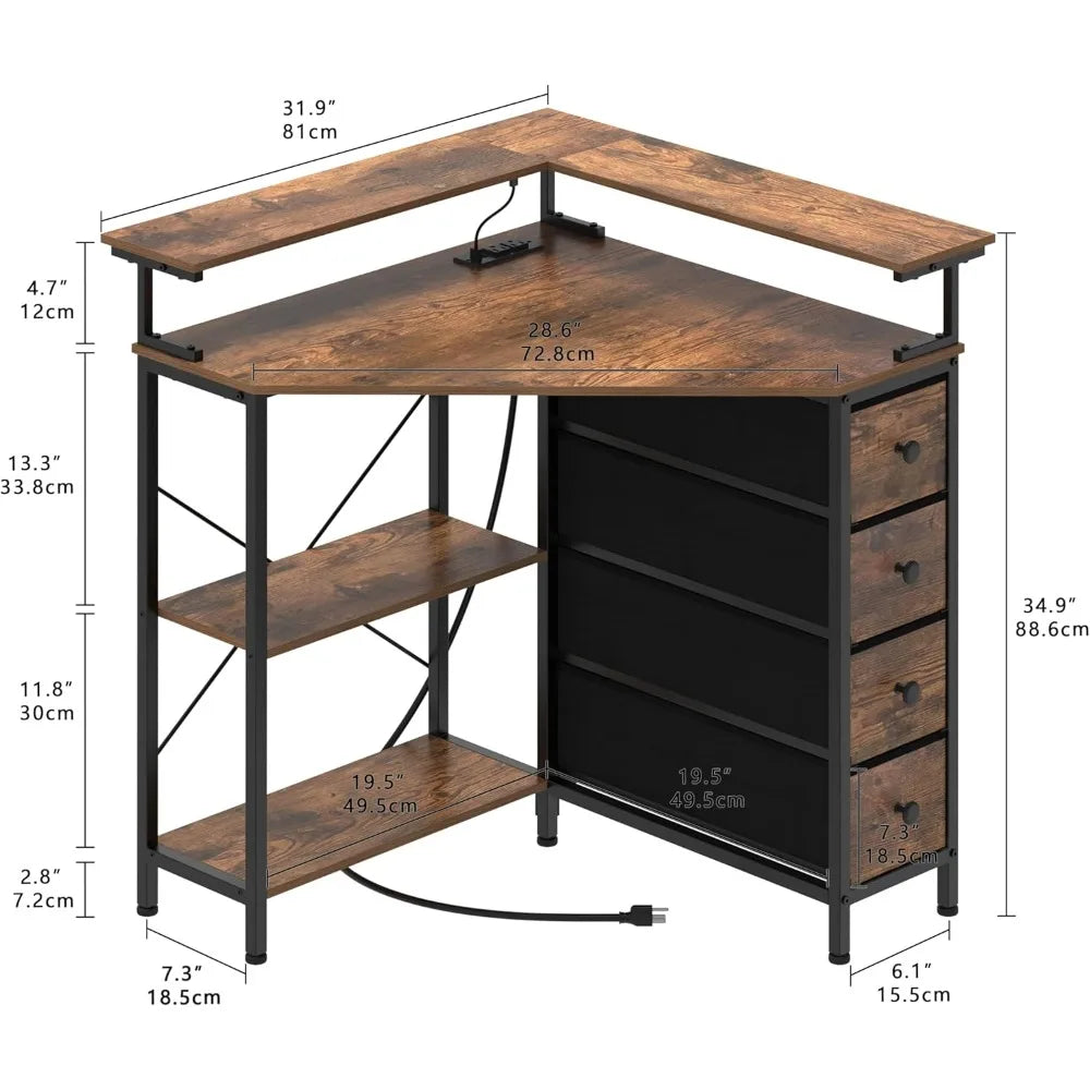 Corner Desk with Drawers Shelves Triangle Computer Desk LED Light