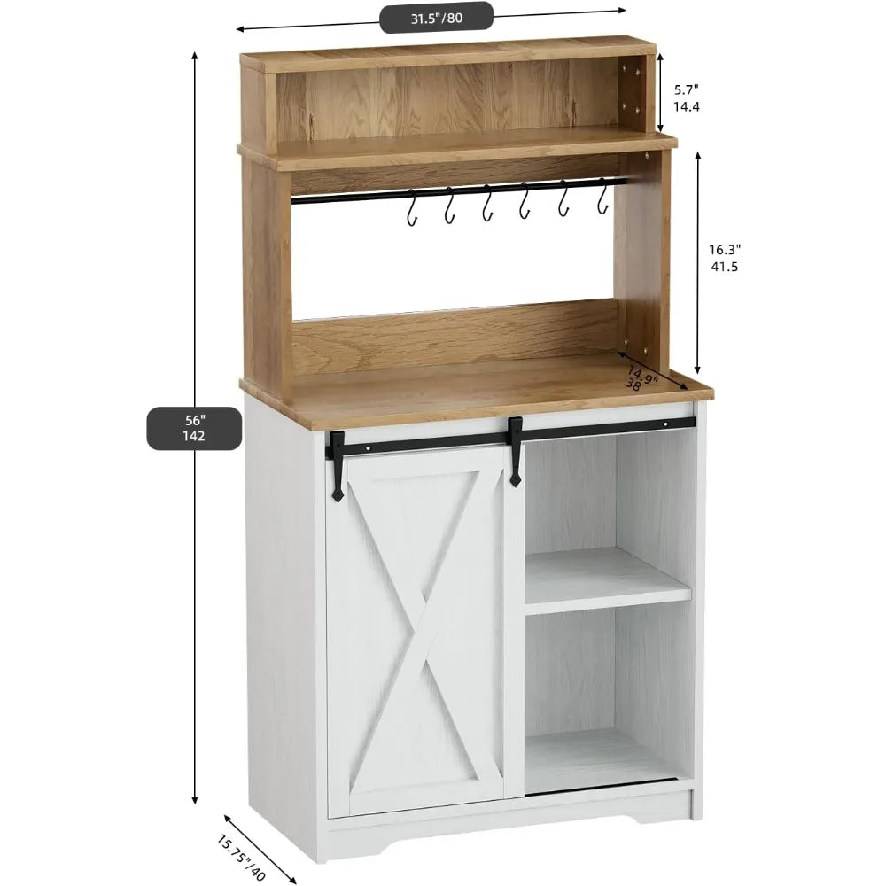 Farmhouse Coffee Station with Storage Hutch and Hooks for Home Bar