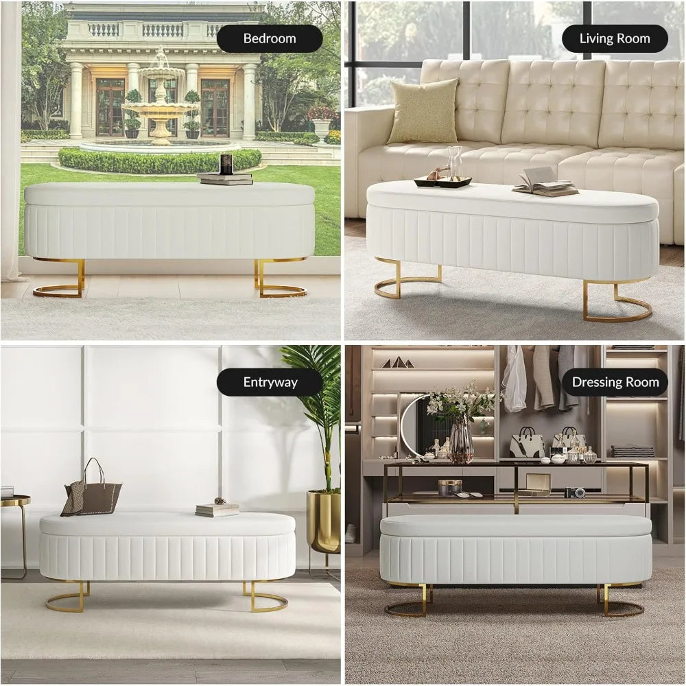 55.5 Inch Velvet Storage Ottoman Bench with Gold Legs Modern Design