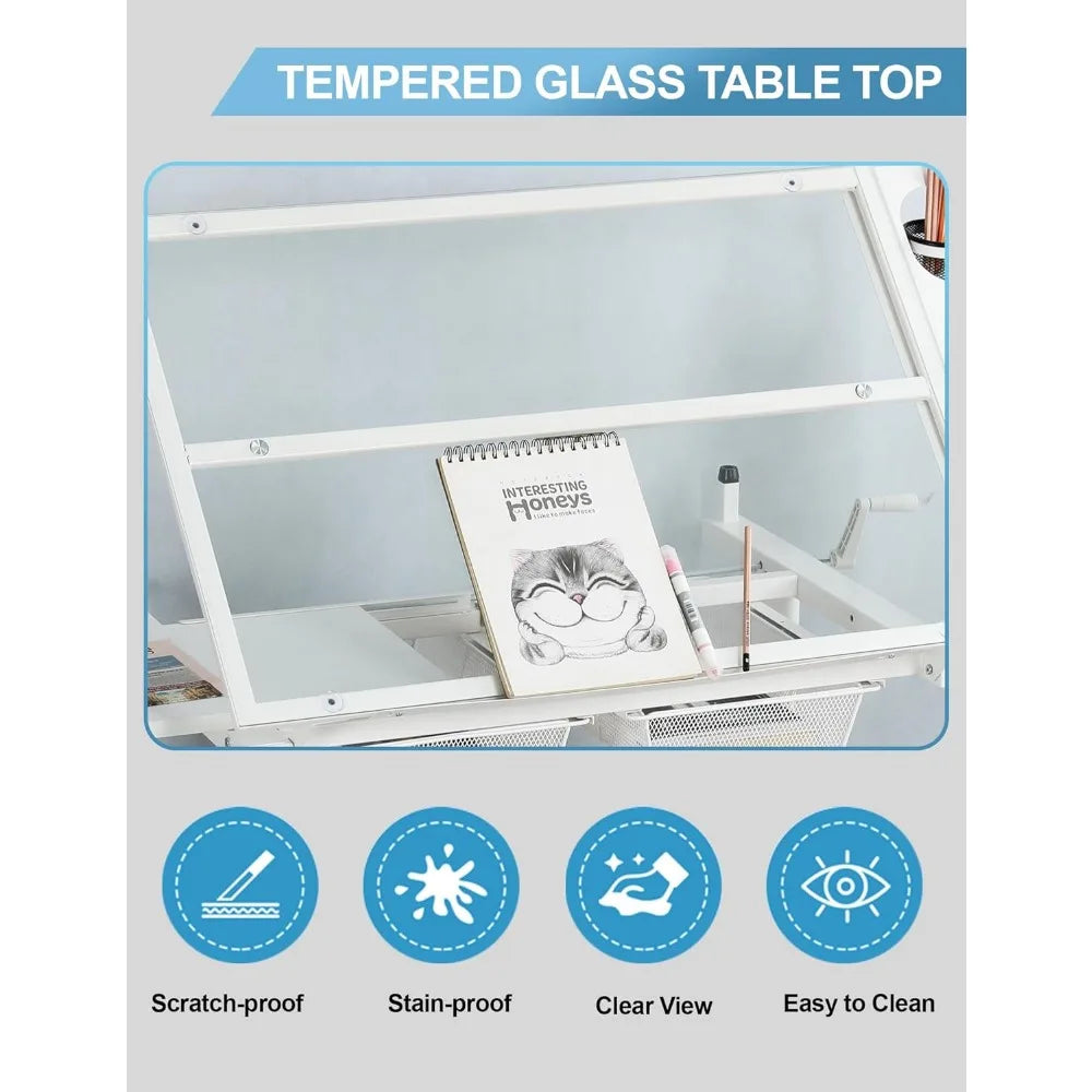Hand Adjustable Drafting Table Artist Desk with Tilting Glass Top
