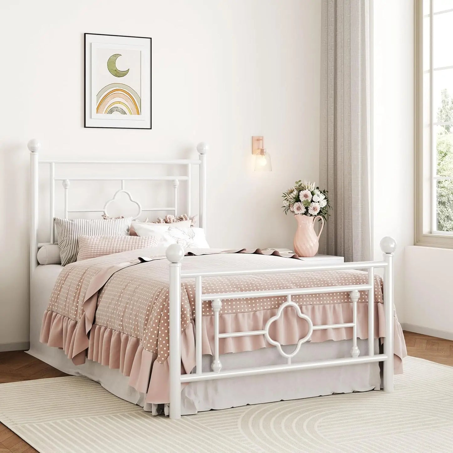 Vintage Twin Size Metal Platform Bed Frame with Headboard and Footboard