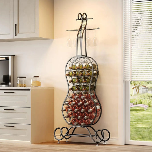 Freestanding Wine Rack for 32 Bottles with Glass Holder Metal Organizer