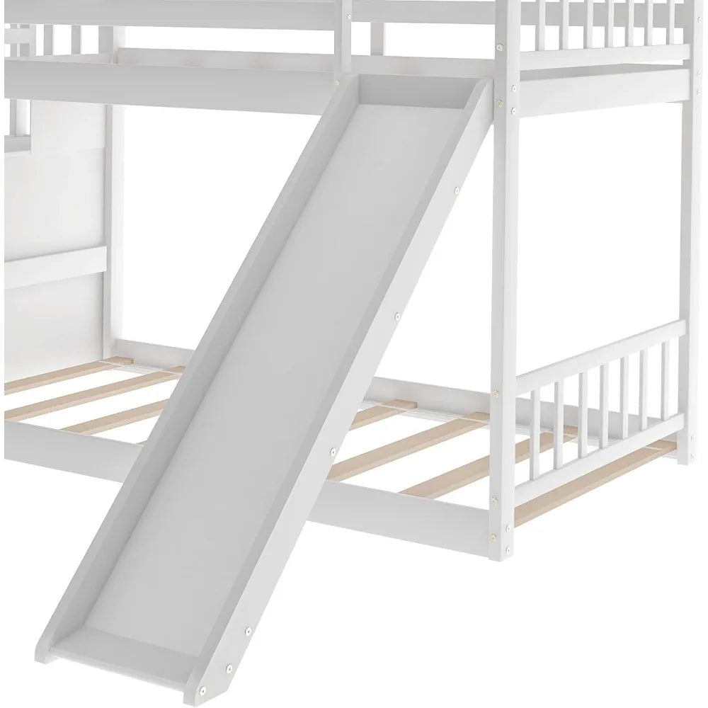 Softsea Twin Over Twin Low Bunk Bed with Slide and Stairs for Kids