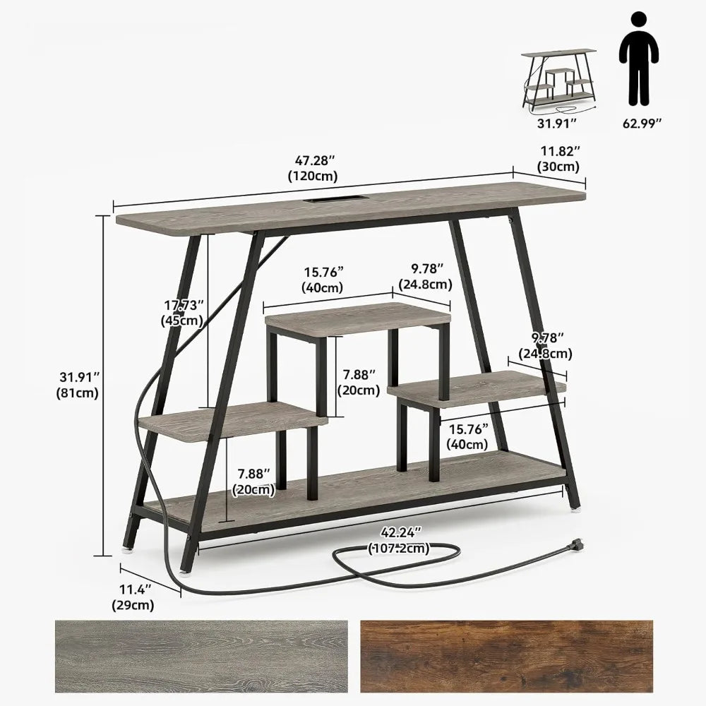 47.2" Industrial Narrow Entryway Table with Power Outlets and Storage