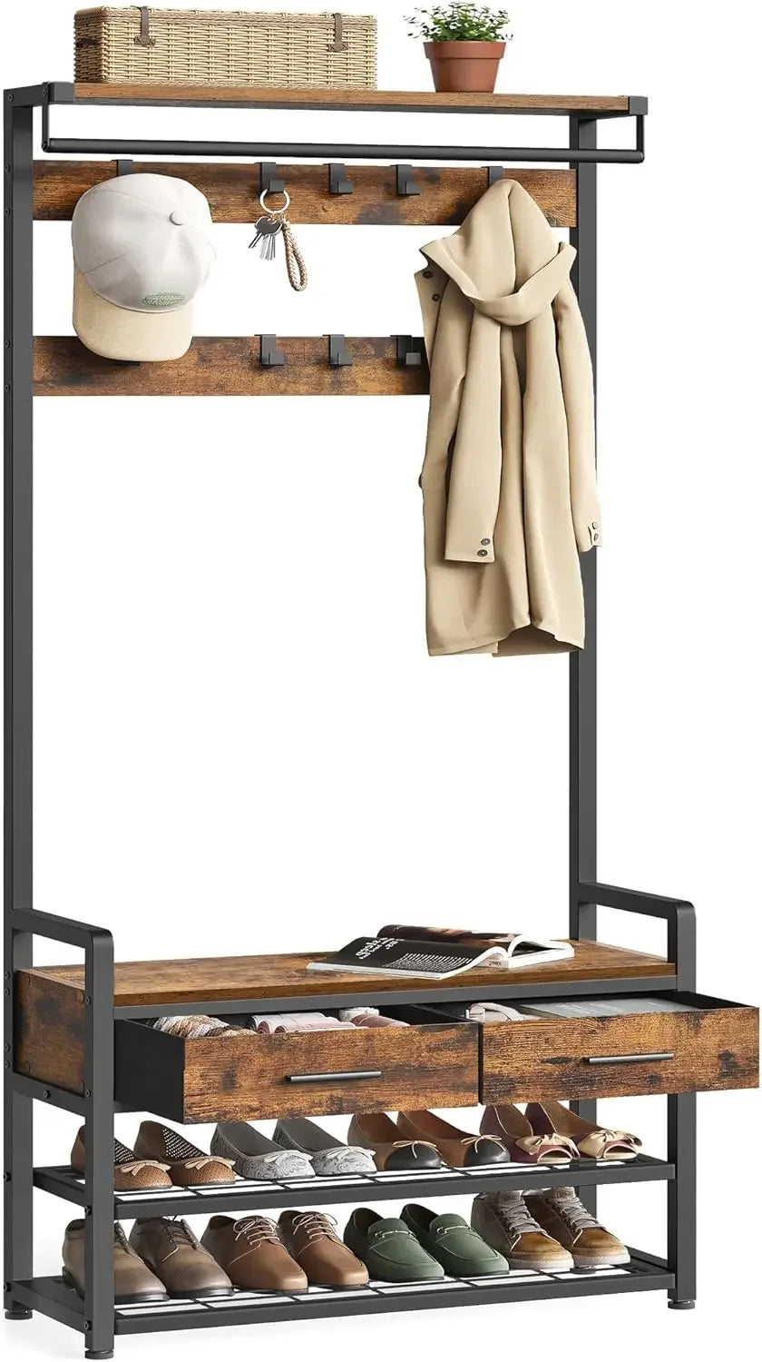 Entryway Coat Rack Shoe Bench with Fabric Drawers and Hooks