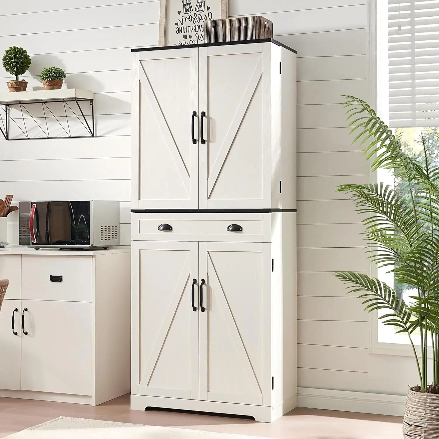 72 Inch High Kitchen Sideboard with Barn Doors Adjustable Shelves Storage