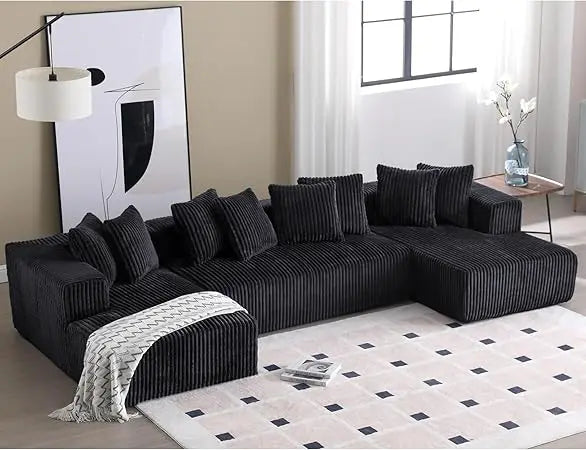 Modern Black U-Shaped Corduroy Sectional Sofa w/ Chaise Lounges, 130" Wide