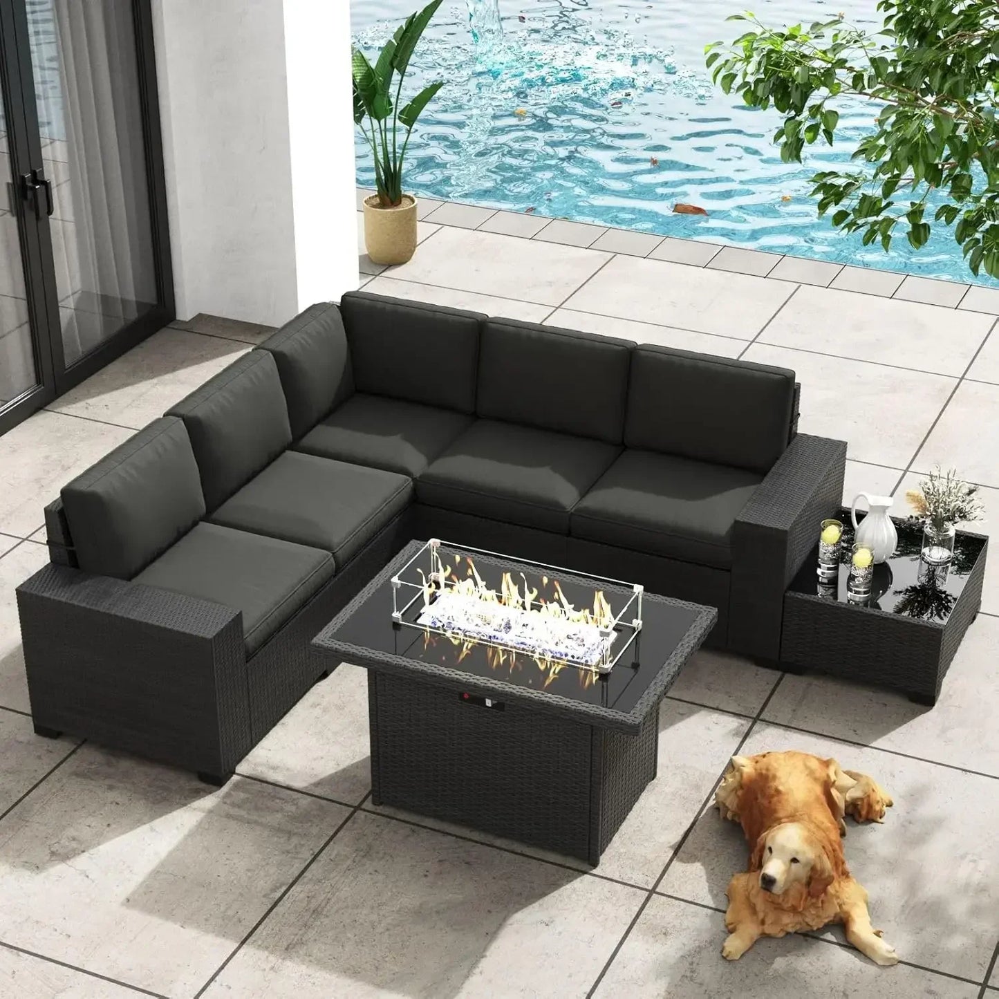 Patio Furniture Set with Fire Pit 8 Pieces Outdoor Wicker Sofa Set