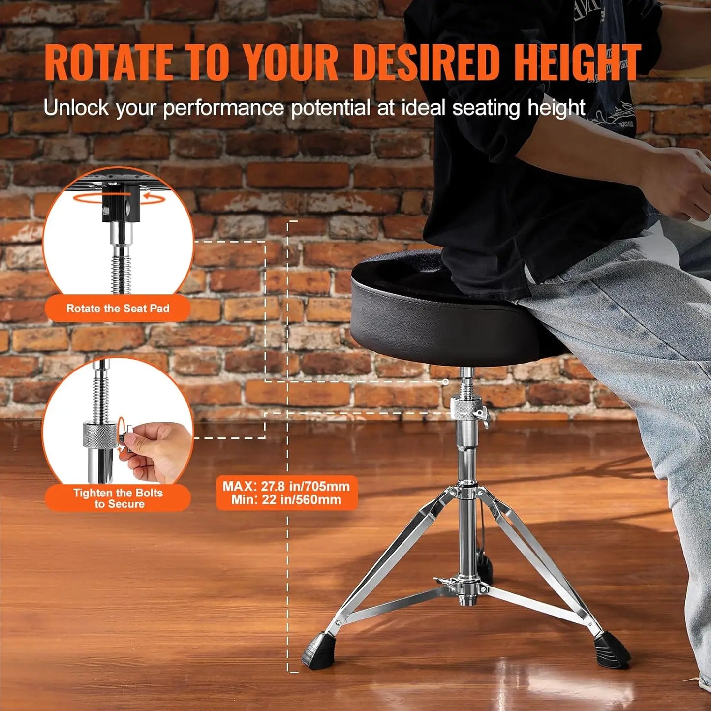 Saddle Drum Throne Height Adjustable Padded Stool Anti-Slip Feet 500lbs