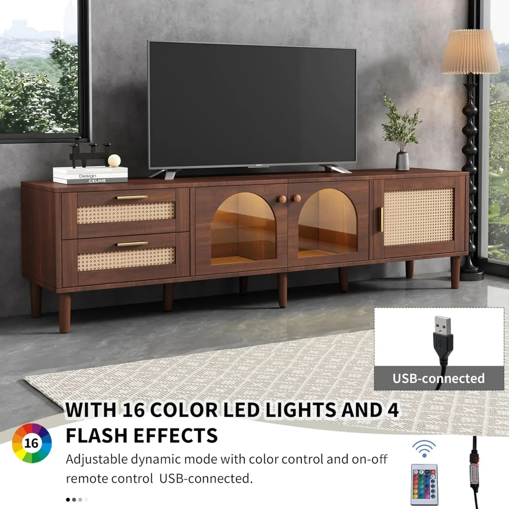 Rattan TV Stand LED Lights 70" Entertainment Center 3 Cabinets 2 Drawers