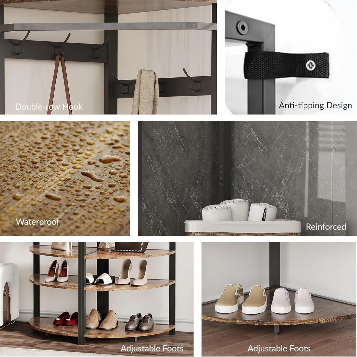 Corner Coat Rack Hall Tree with 6 Hooks 3 Shelves Entryway Storage