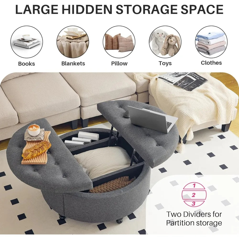 Ljustra Round Storage Ottoman Coffee Table Upholstered Lift Top 35 Inch