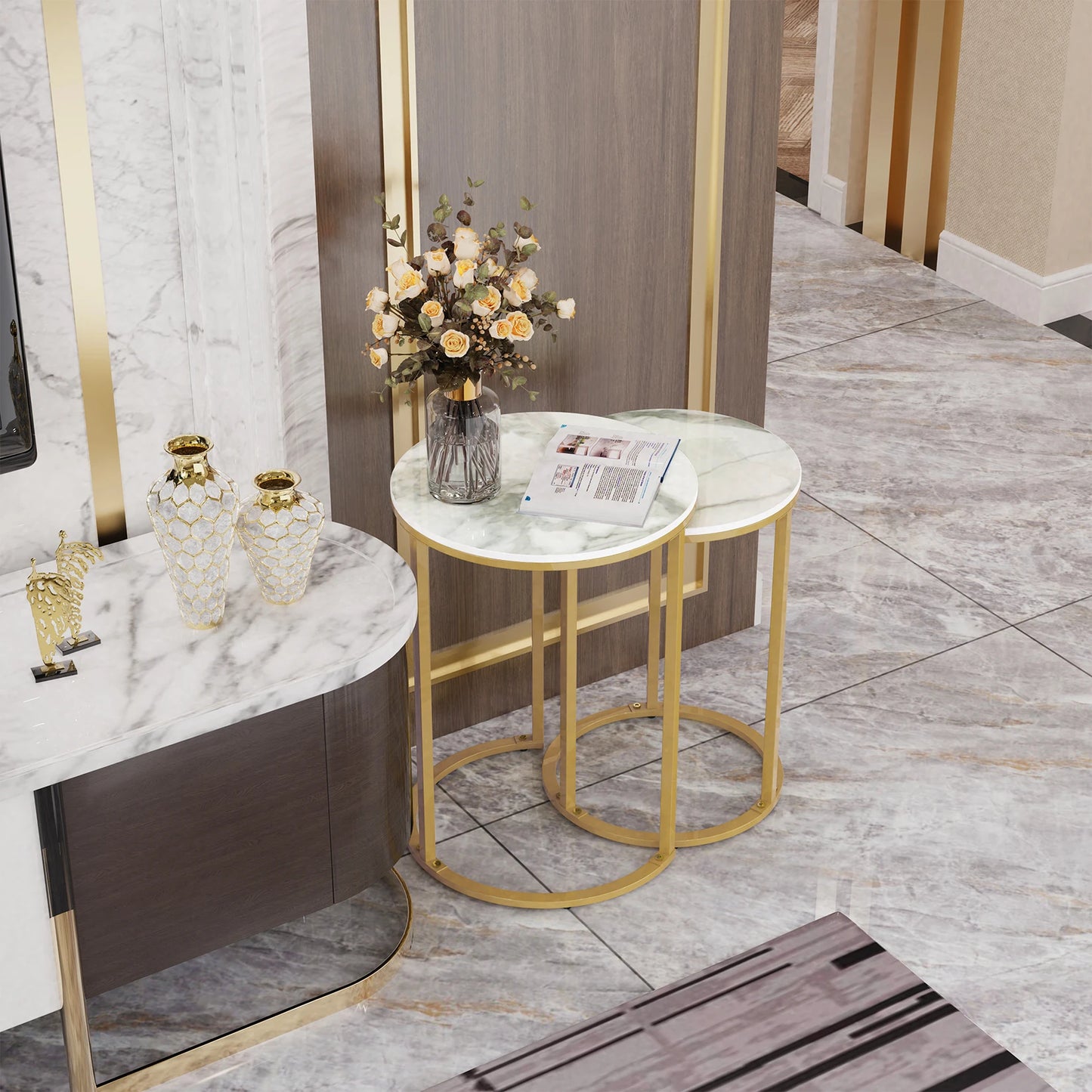 Set of 2 Sintered Stone Round Metal Base Nesting Accent Tables