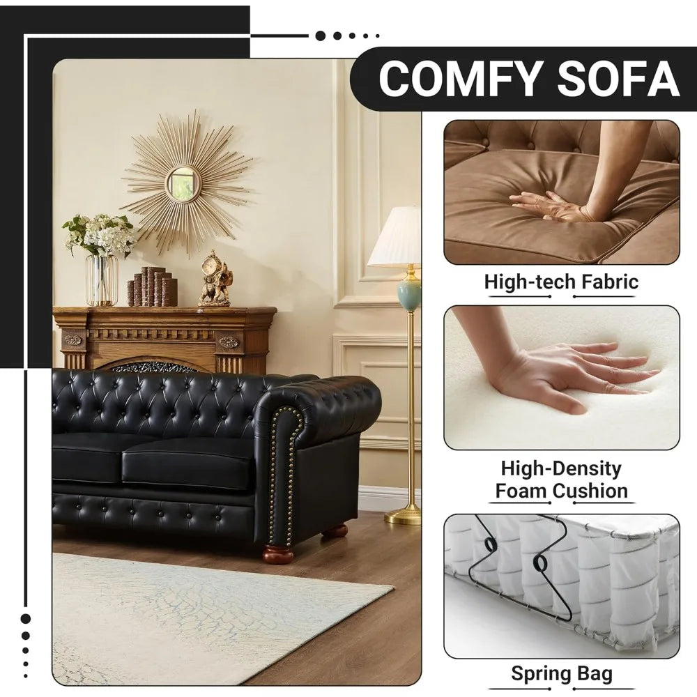 Chesterfield Leather Sofa 89 Inch Mid Century Modern Couch 3 Seater