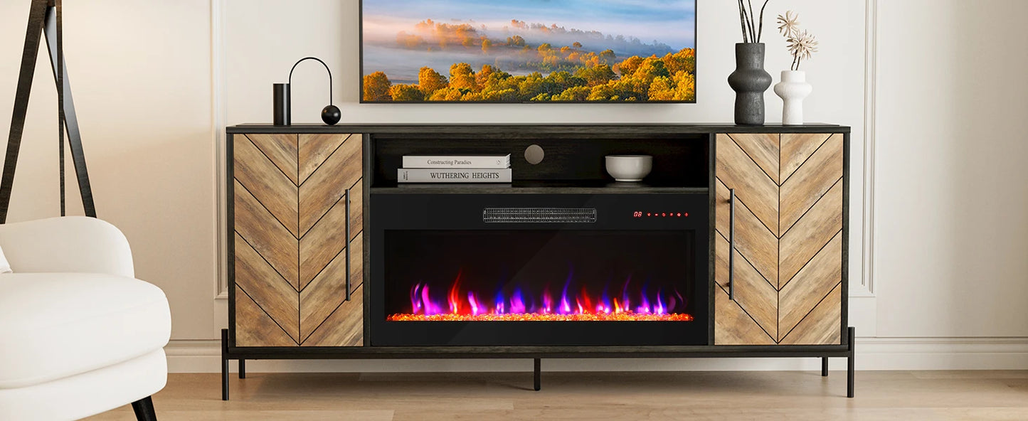 68 Inch TV Stand with Electric Fireplace and Storage Cabinet