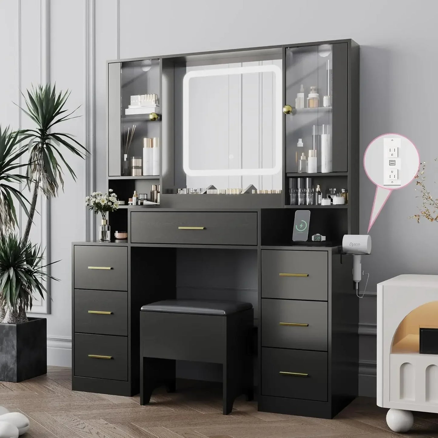 Makeup Vanity with LED Mirror Chair 7 Drawers RGB Cabinets White