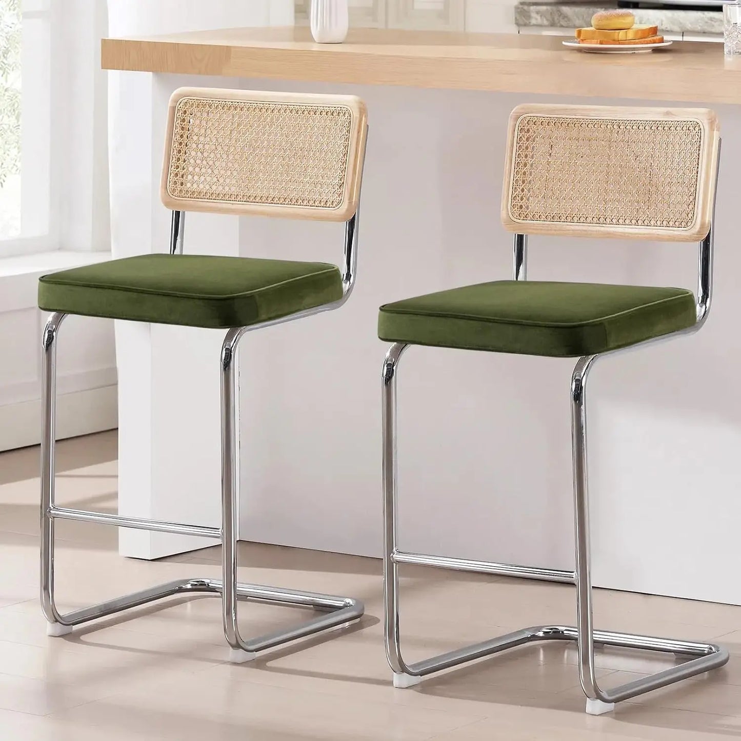 Natural Rattan Bar Stools Set of 2 Modern Boho Velvet Counter Chairs