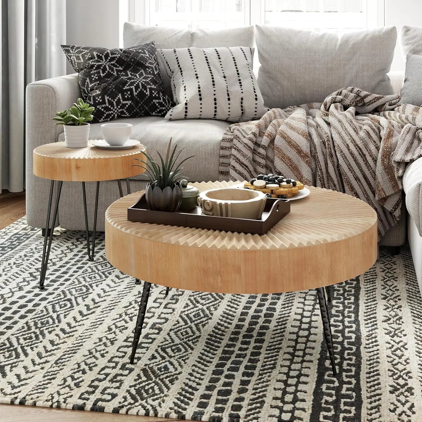 2-Piece Modern Farmhouse Coffee Table Set Nesting Round Natural Finish