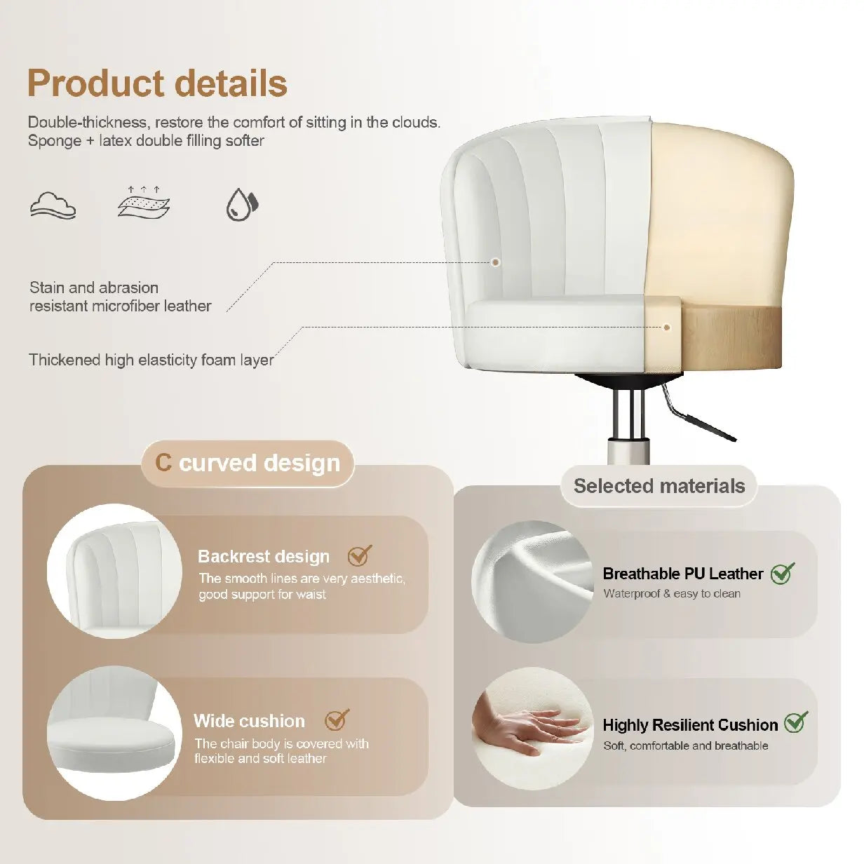 Small Round Rolling Desk Chair Armless PU Leather Height Adjustable