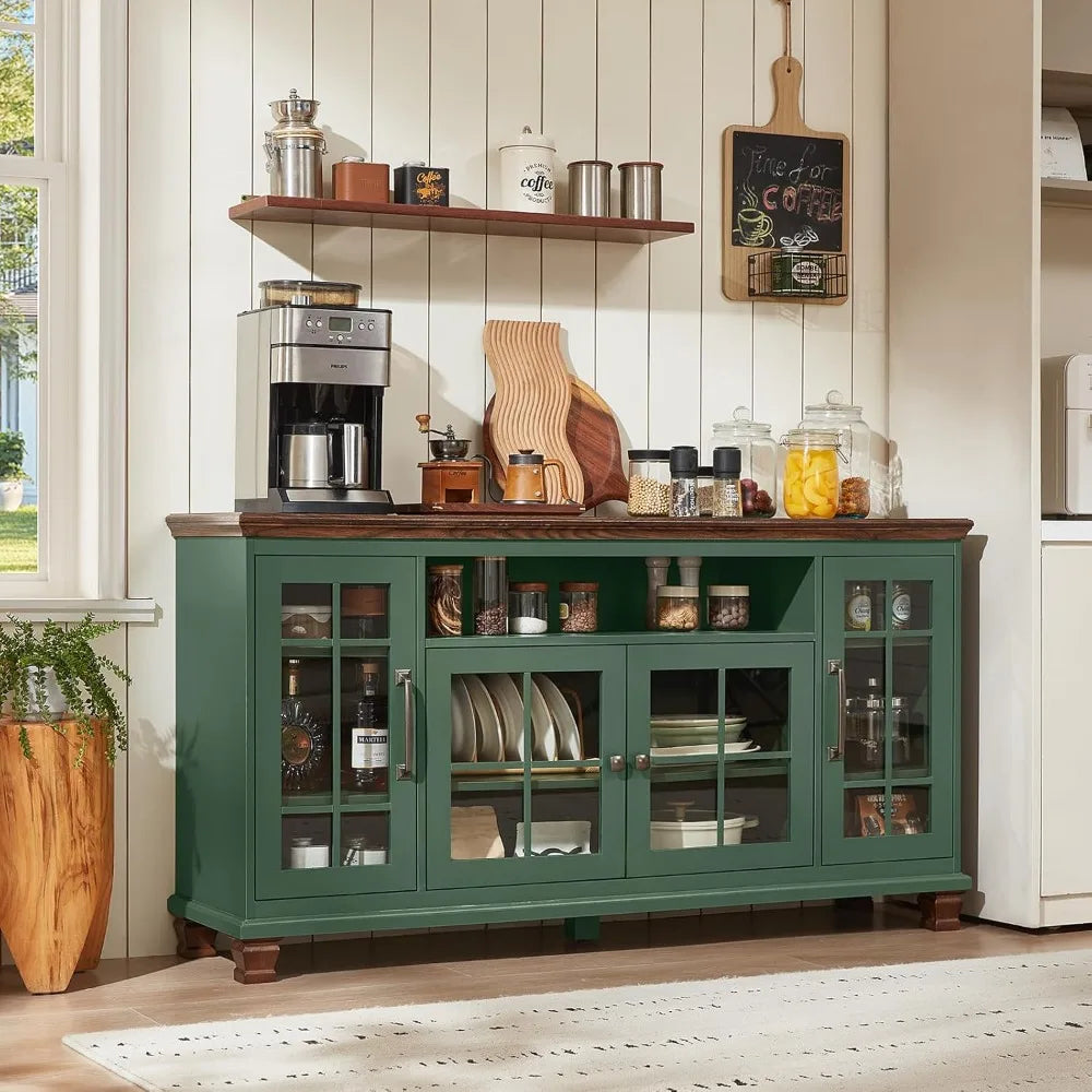 Large Vintage Green Sideboard Buffet Cabinet with Glass Doors Storage