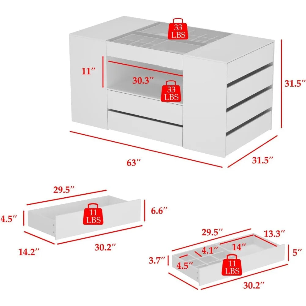 Armoire Bedroom Island Wardrobe Closet with 14 Drawers Glass Tabletop